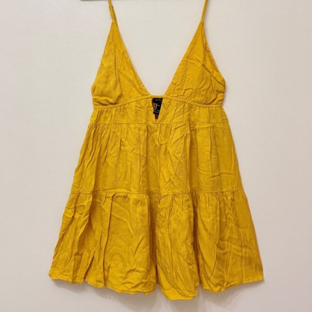 Forever 21 Yellow Tiered Babydoll Summer Mini Dress Plunging Neckline
